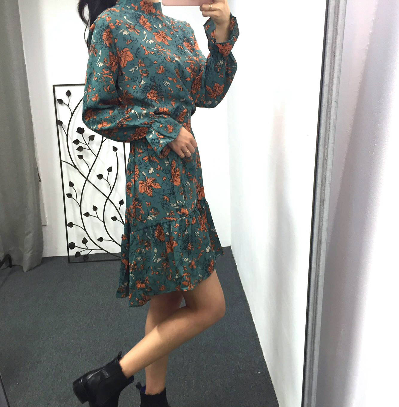 Autumn china neck flower chiffon skirt ruffle dres