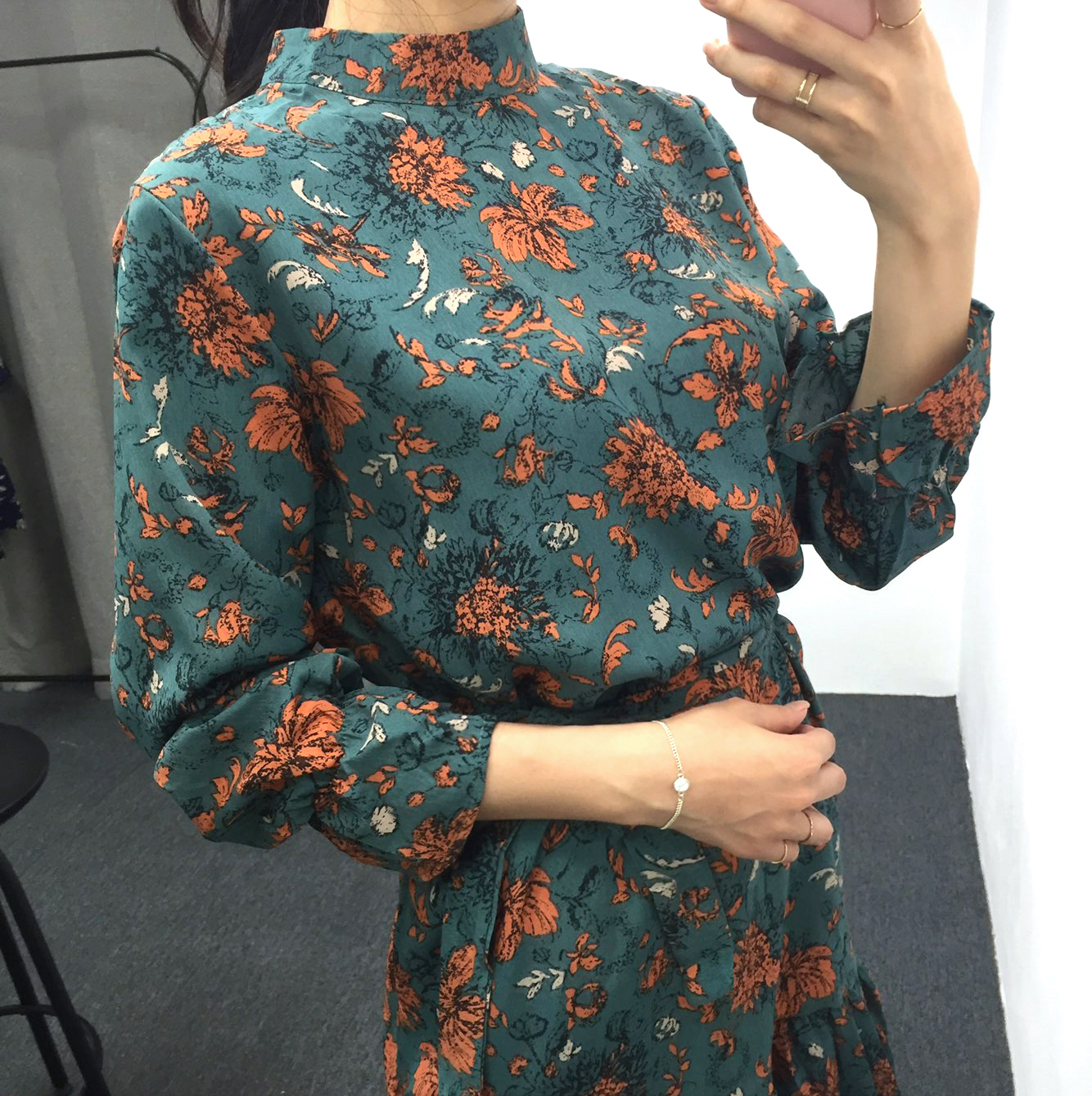 Autumn china neck flower chiffon skirt ruffle dres