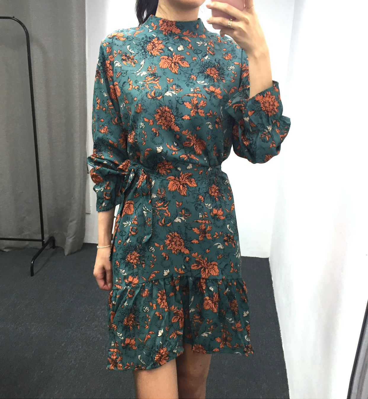 Autumn china neck flower chiffon skirt ruffle dres