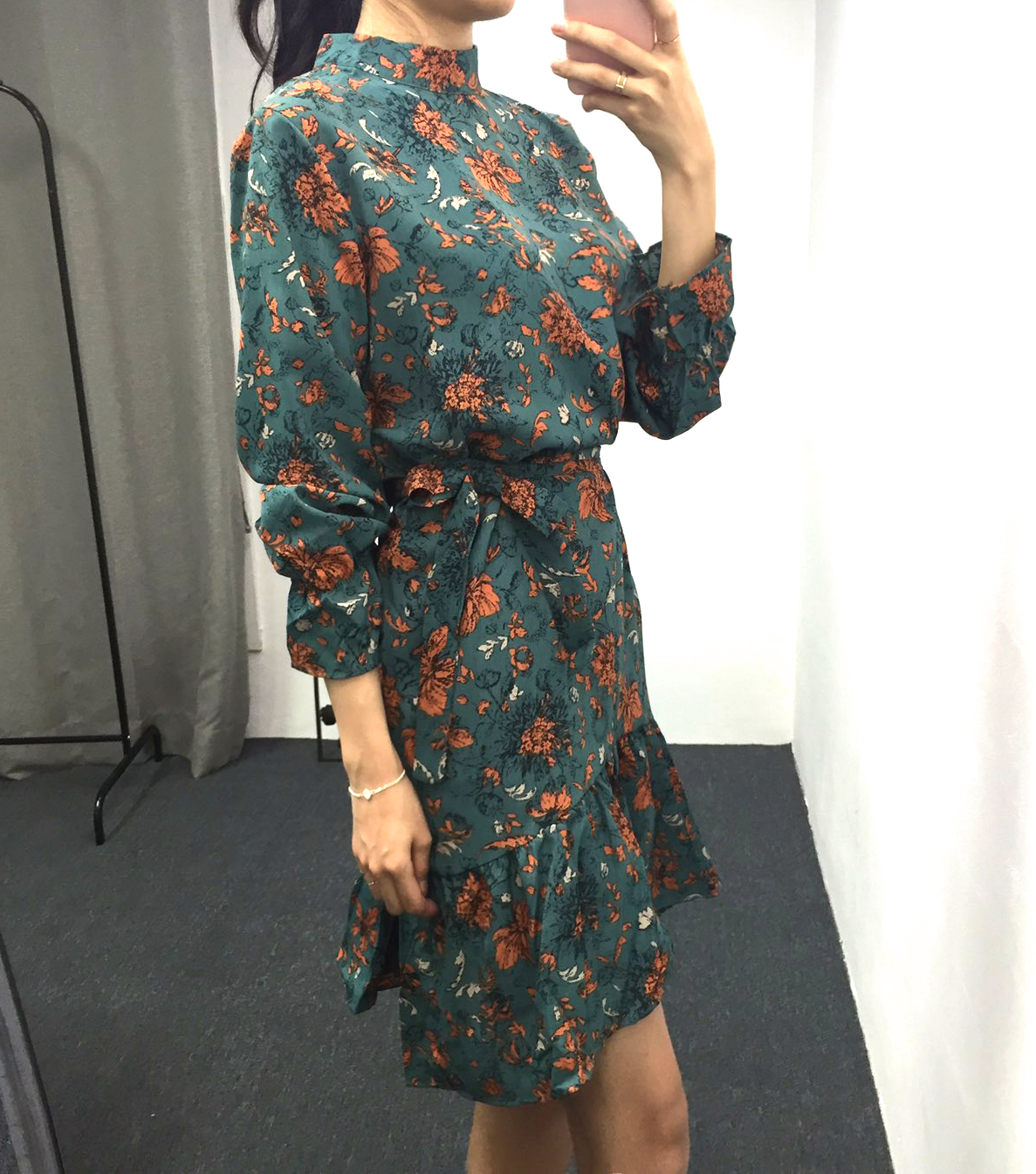 Autumn china neck flower chiffon skirt ruffle dres