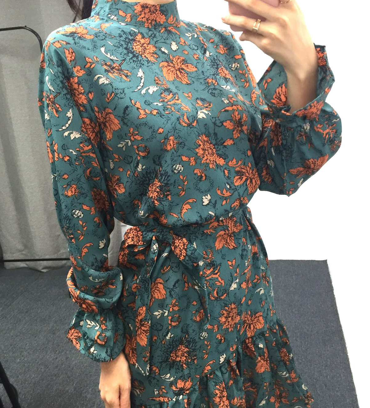 Autumn china neck flower chiffon skirt ruffle dres