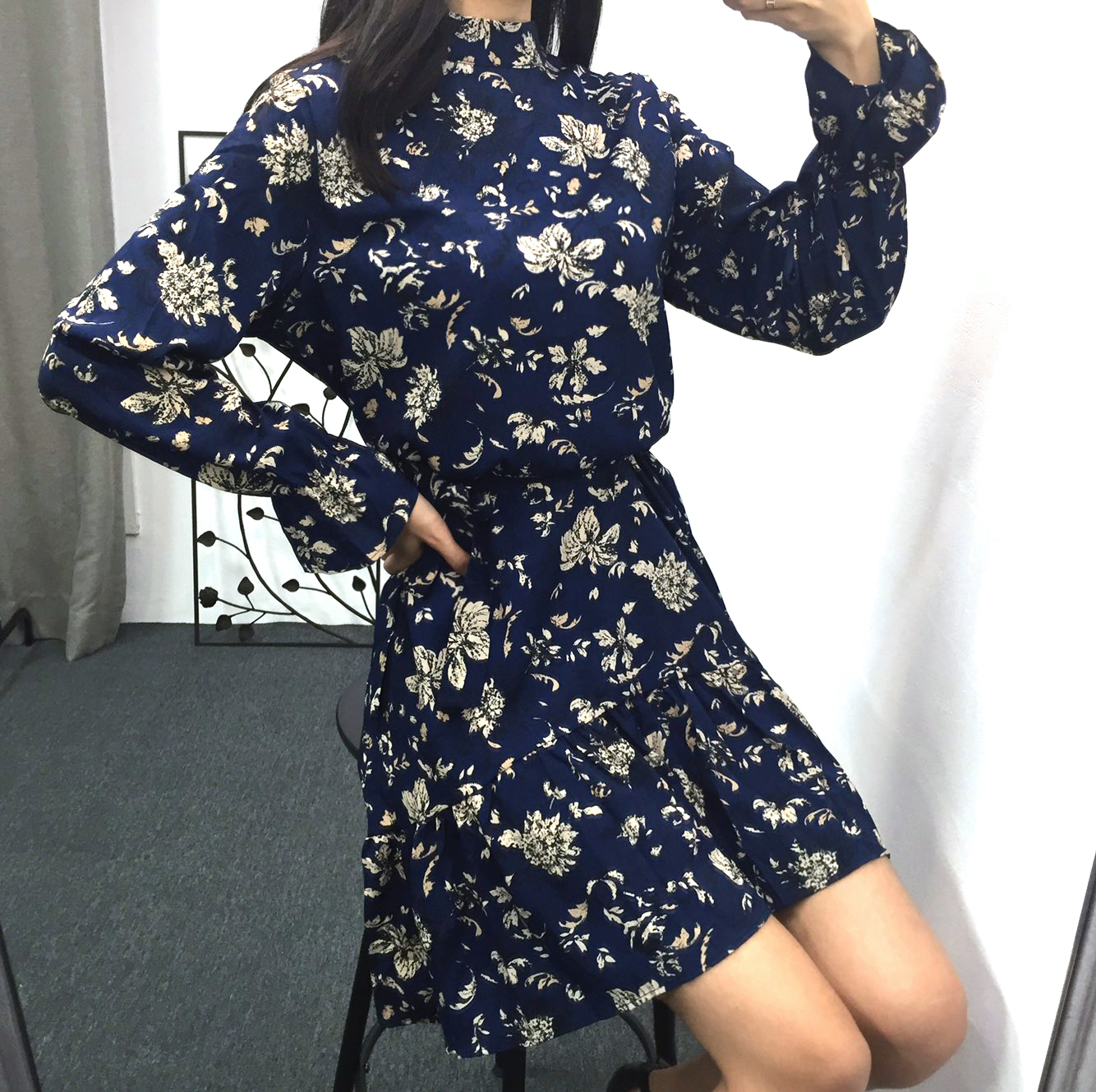 Autumn china neck flower chiffon skirt ruffle dres