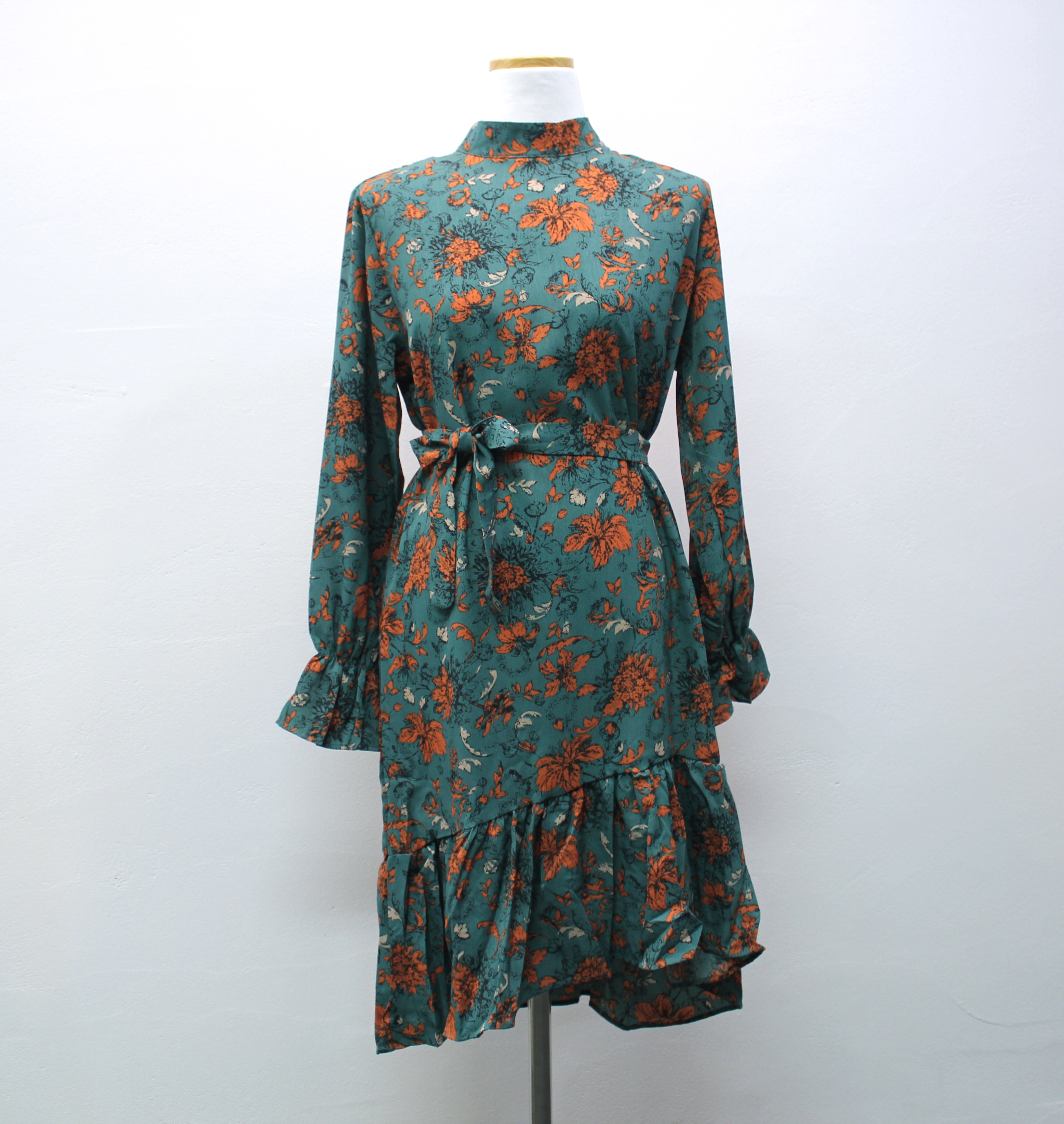 Autumn china neck flower chiffon skirt ruffle dres