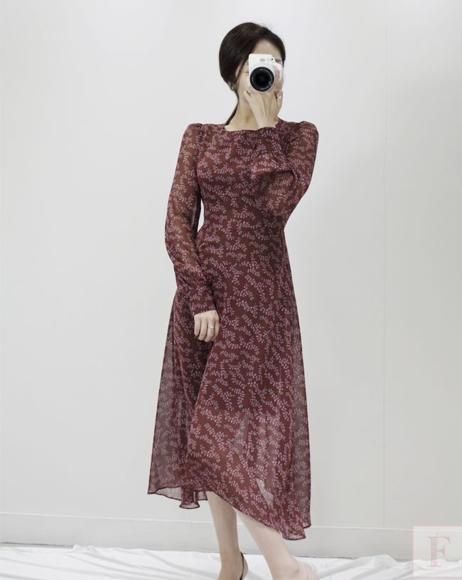 Autumn New Flower Long Sleeve Chiffon Long Dress 3