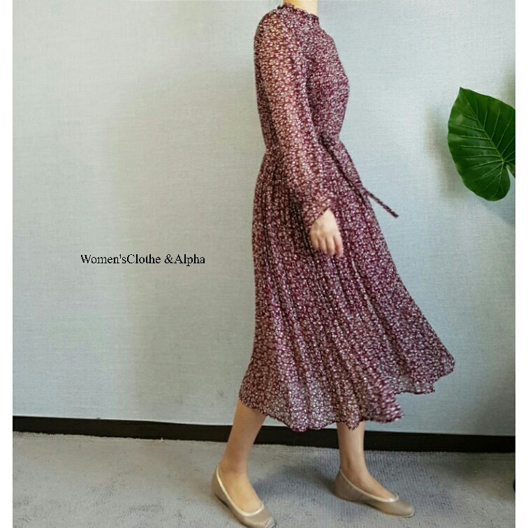 Chrysanthemum pattern chiffon wrinkle dress 2color