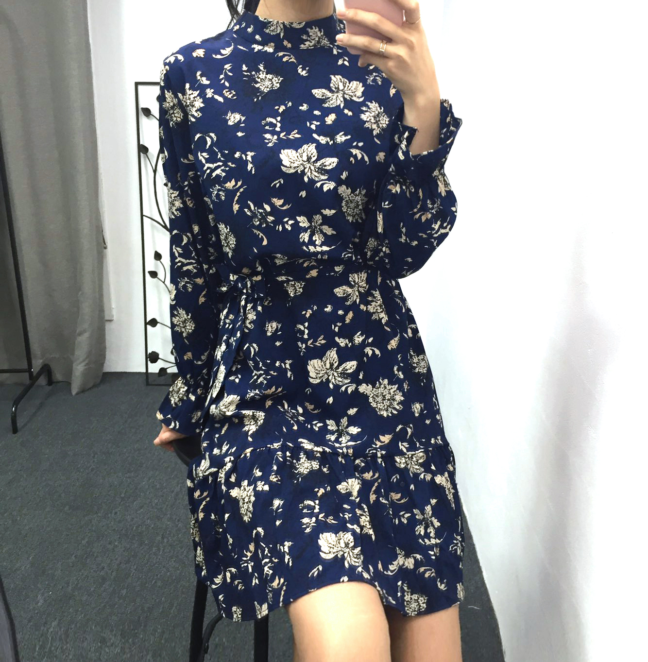 Autumn china neck flower chiffon skirt ruffle dres