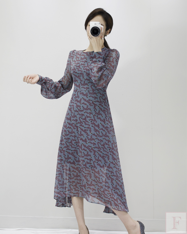 Autumn New Flower Long Sleeve Chiffon Long Dress 3