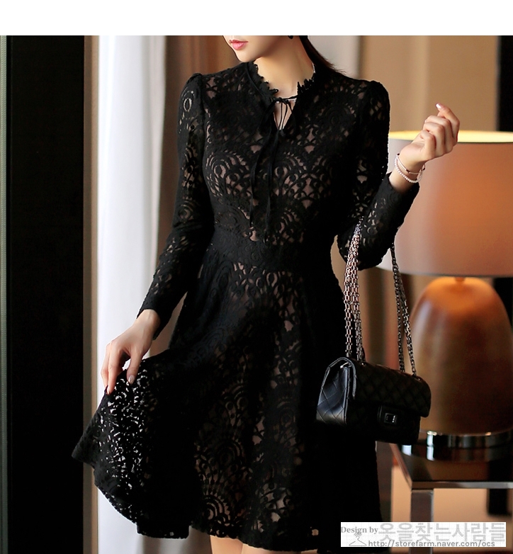 New Women Dress Black Punching Lace Flower Eyelet 