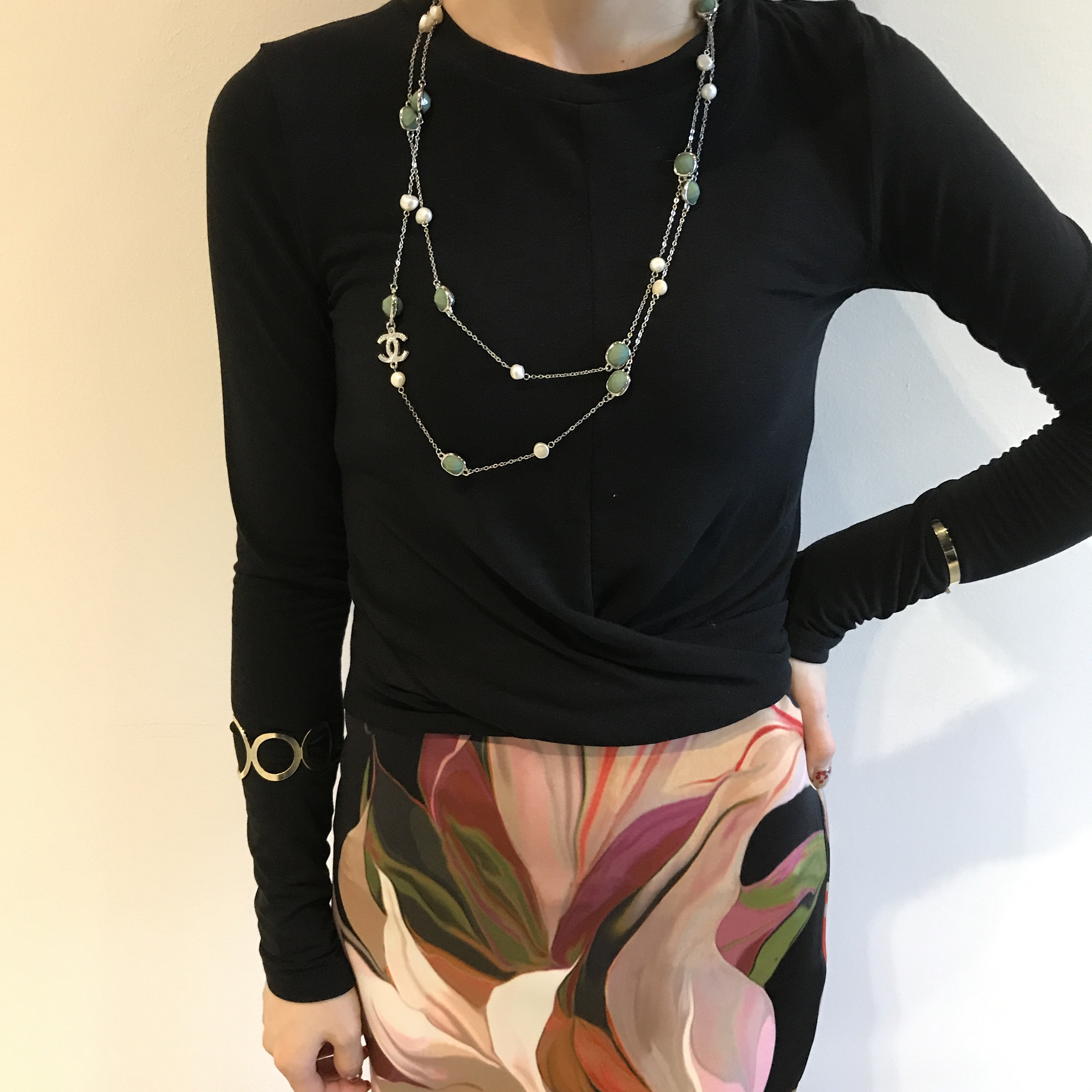 About JJ Gemstone Pearl Sha_nell Necklace `Layered