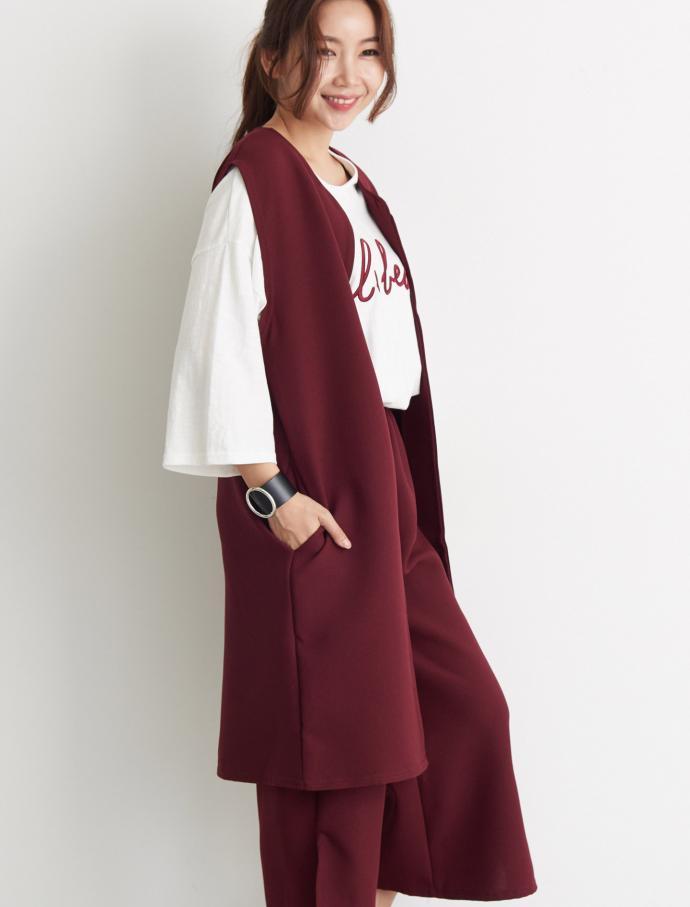 Vest Slacks Autumn Coordination Set Walking Mom Ut