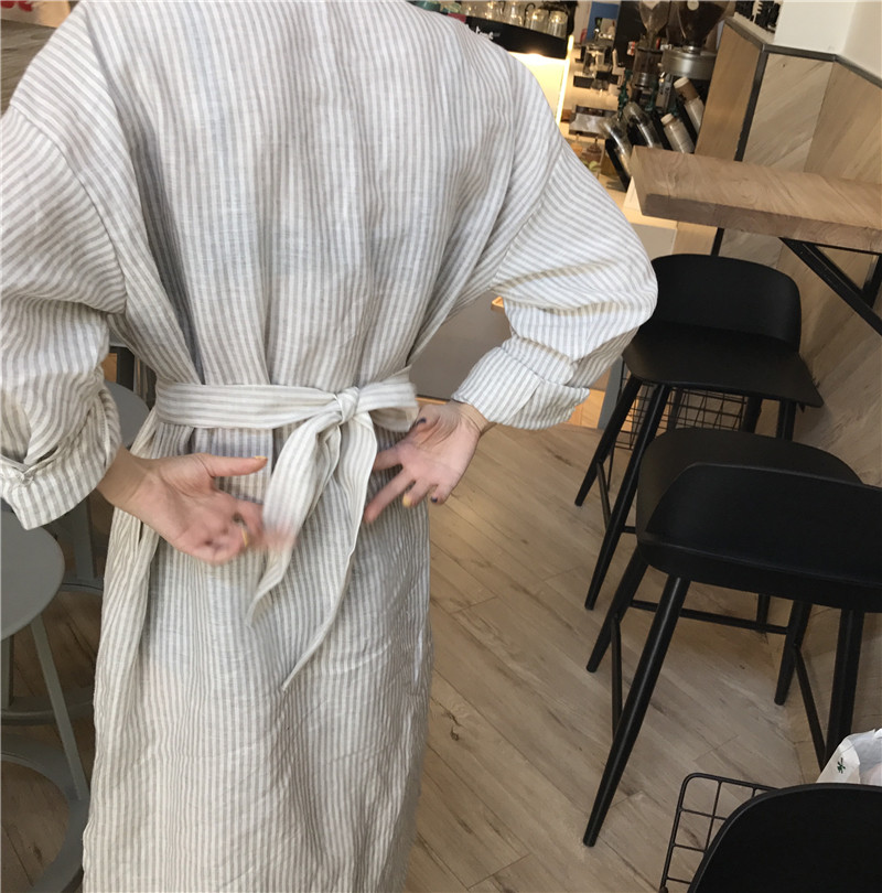 New Linen striped shirt Long dress style reversibl