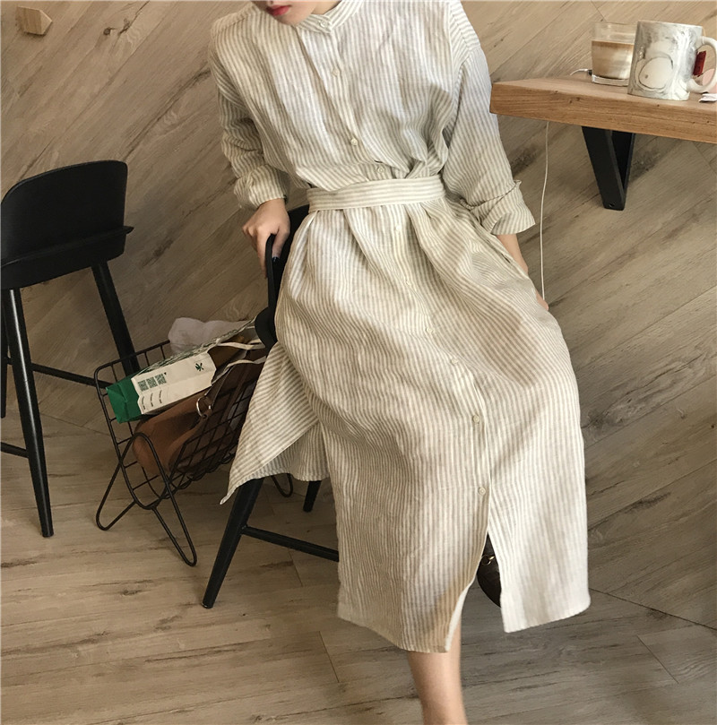 New Linen striped shirt Long dress style reversibl