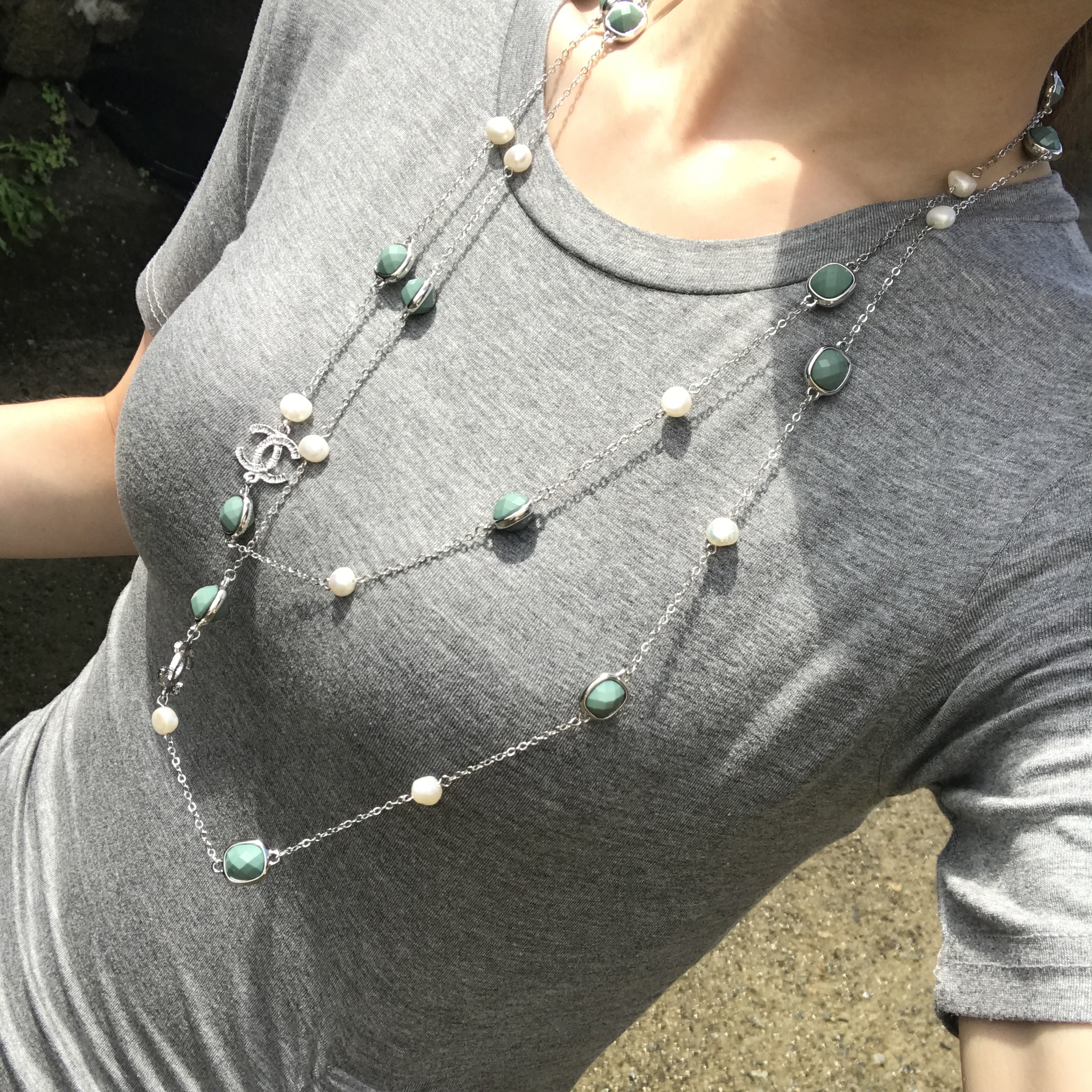 About JJ Gemstone Pearl Sha_nell Necklace `Layered