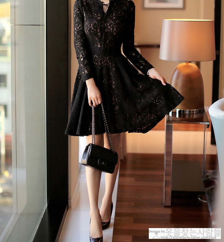 New Women Dress Black Punching Lace Flower Eyelet 