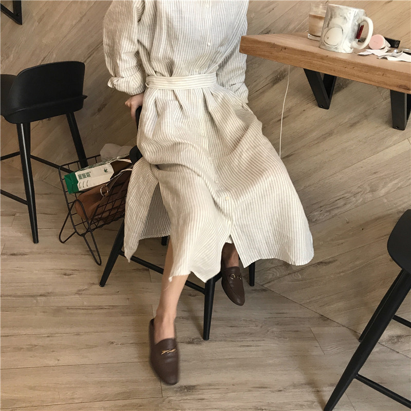 New Linen striped shirt Long dress style reversibl