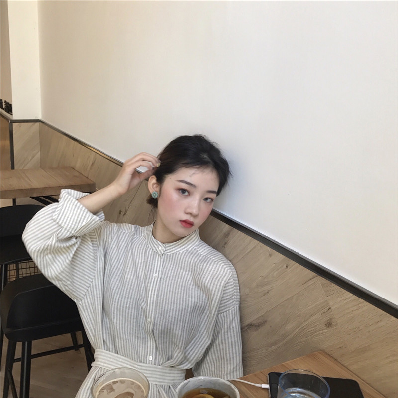 New Linen striped shirt Long dress style reversibl