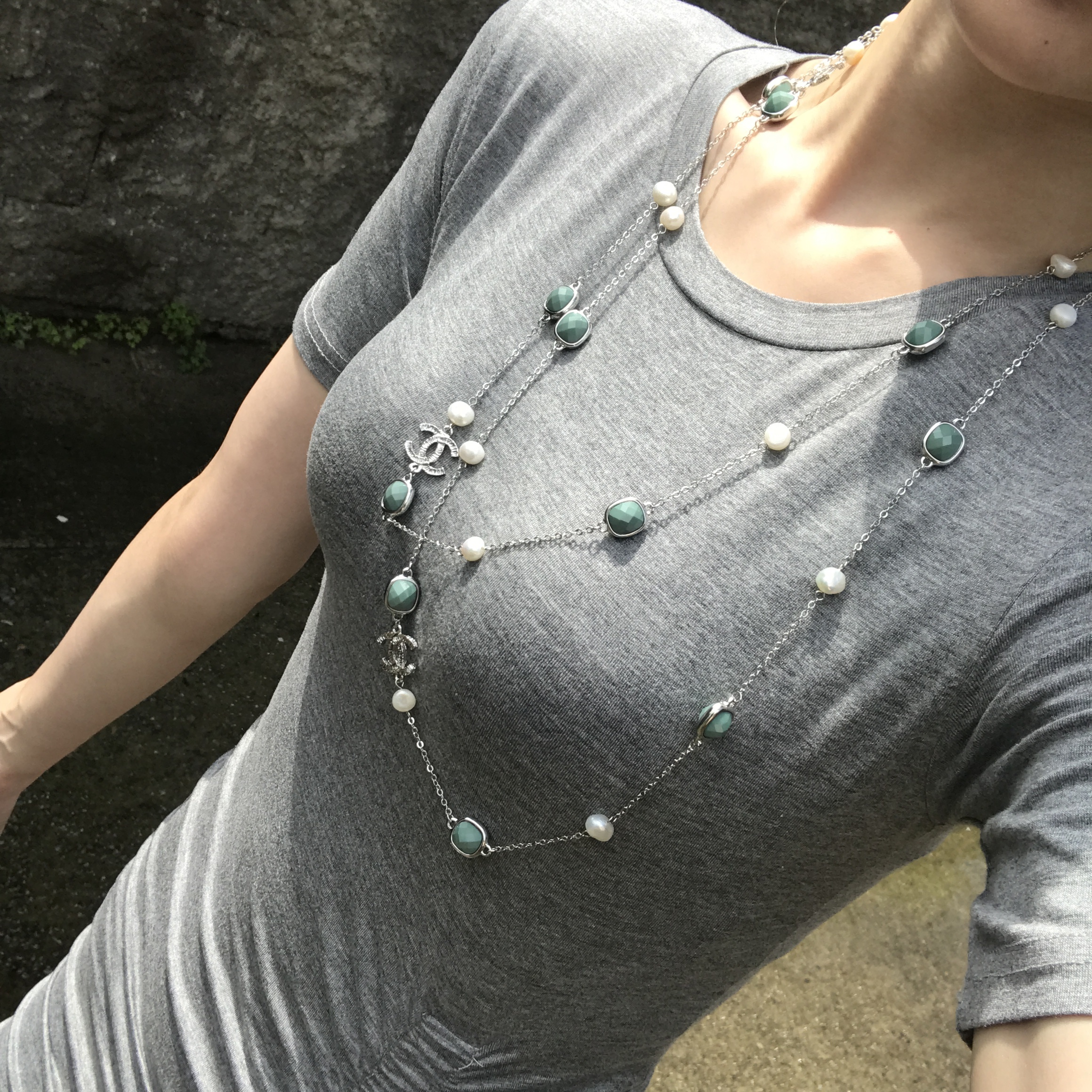 About JJ Gemstone Pearl Sha_nell Necklace `Layered