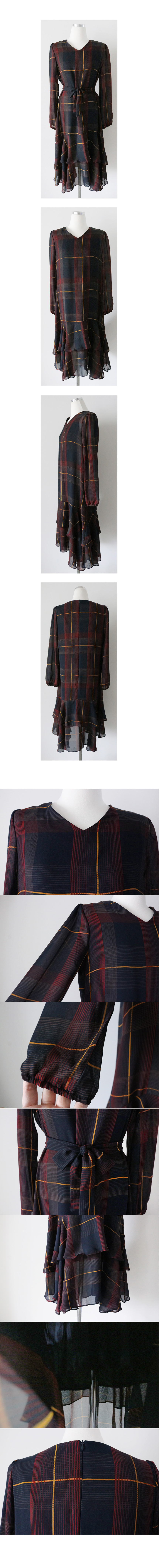 Navy chiffon dress Blend autumn check Kangkang ruf