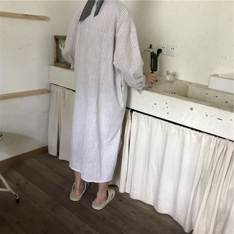 New Linen striped shirt Long dress style reversibl