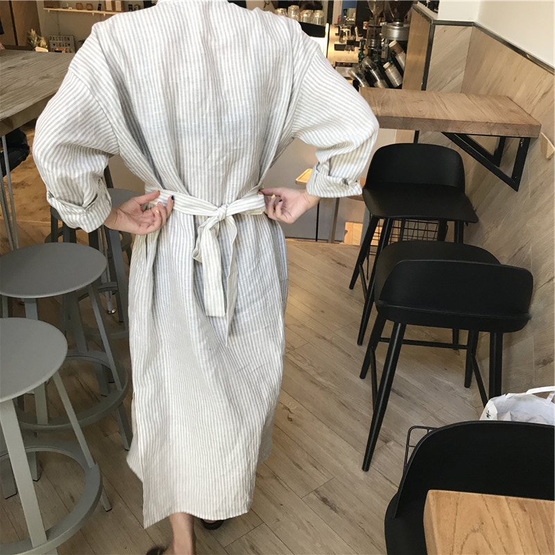 New Linen striped shirt Long dress style reversibl