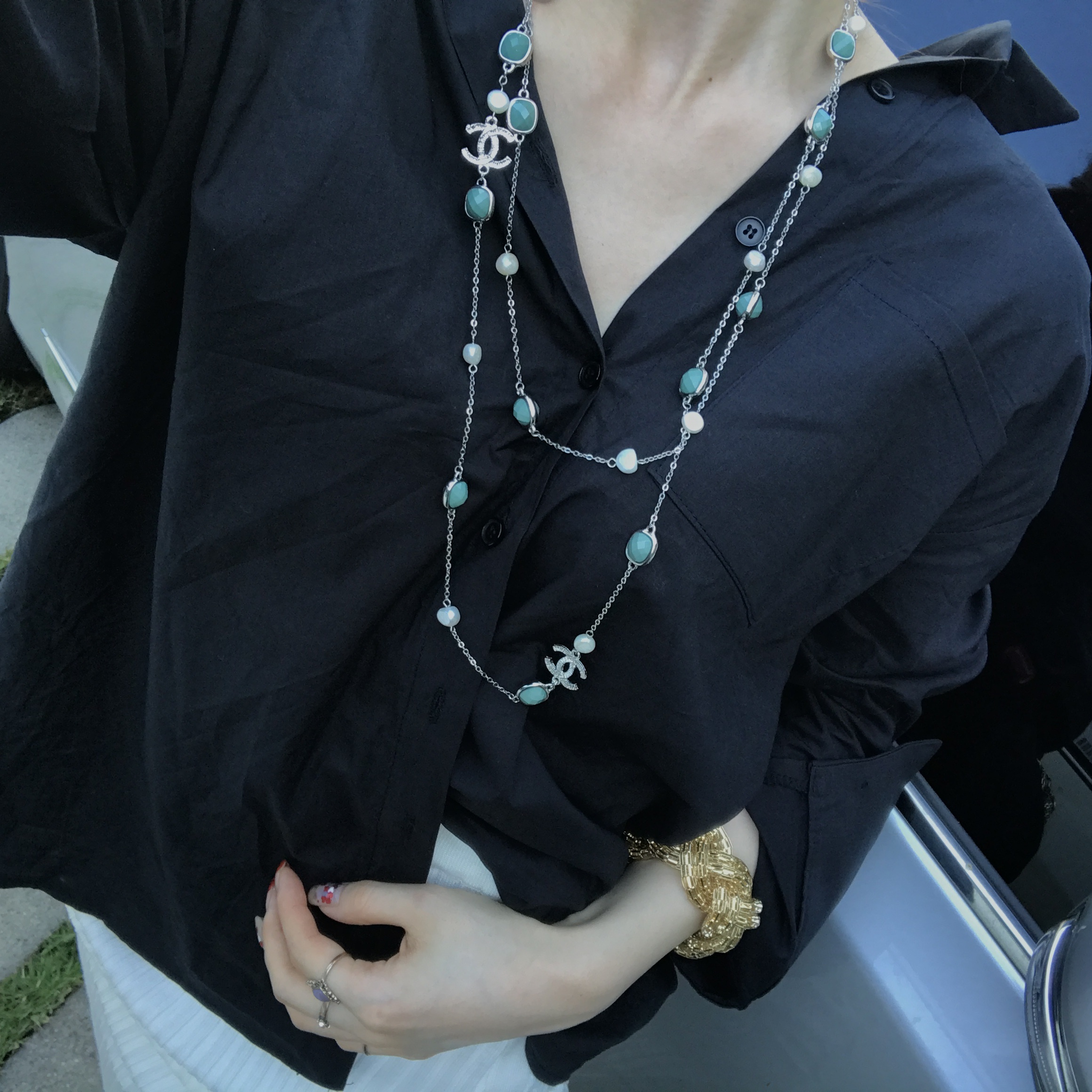 About JJ Gemstone Pearl Sha_nell Necklace `Layered