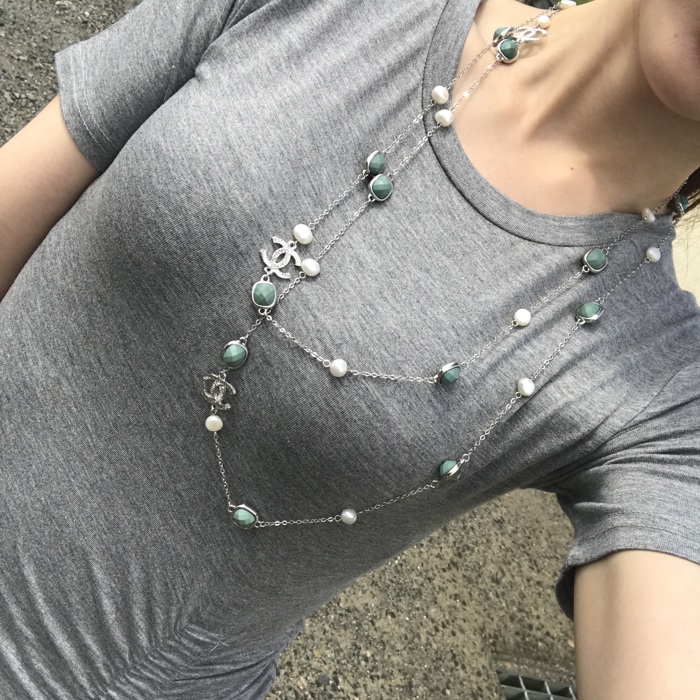 About JJ Gemstone Pearl Sha_nell Necklace `Layered