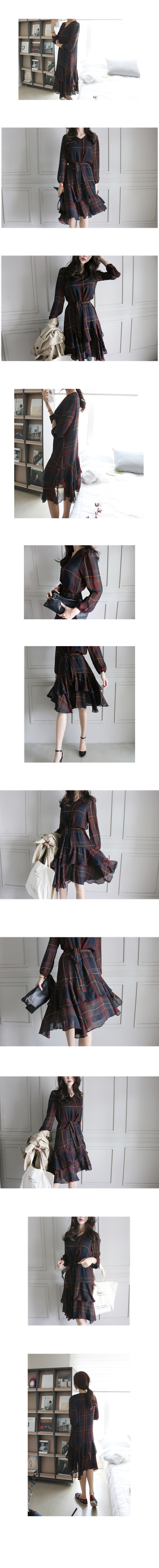 Navy chiffon dress Blend autumn check Kangkang ruf
