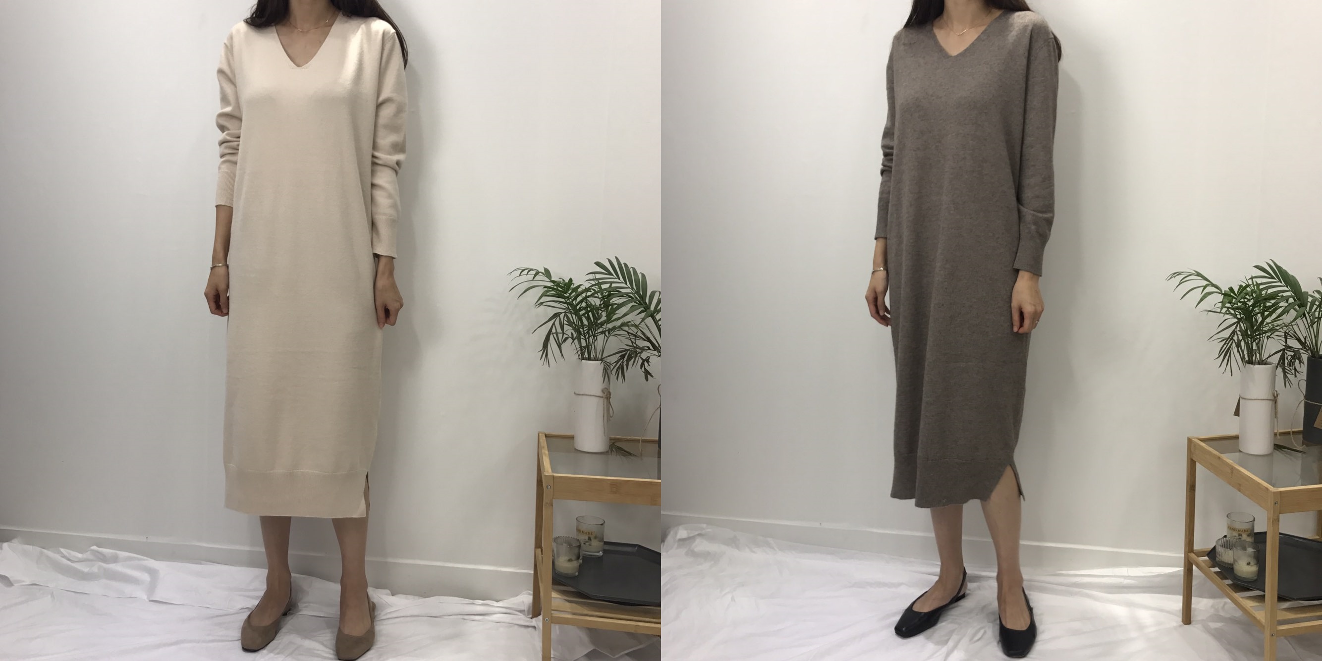 V-neck Knit Long Dress Winter Coordination Basic A