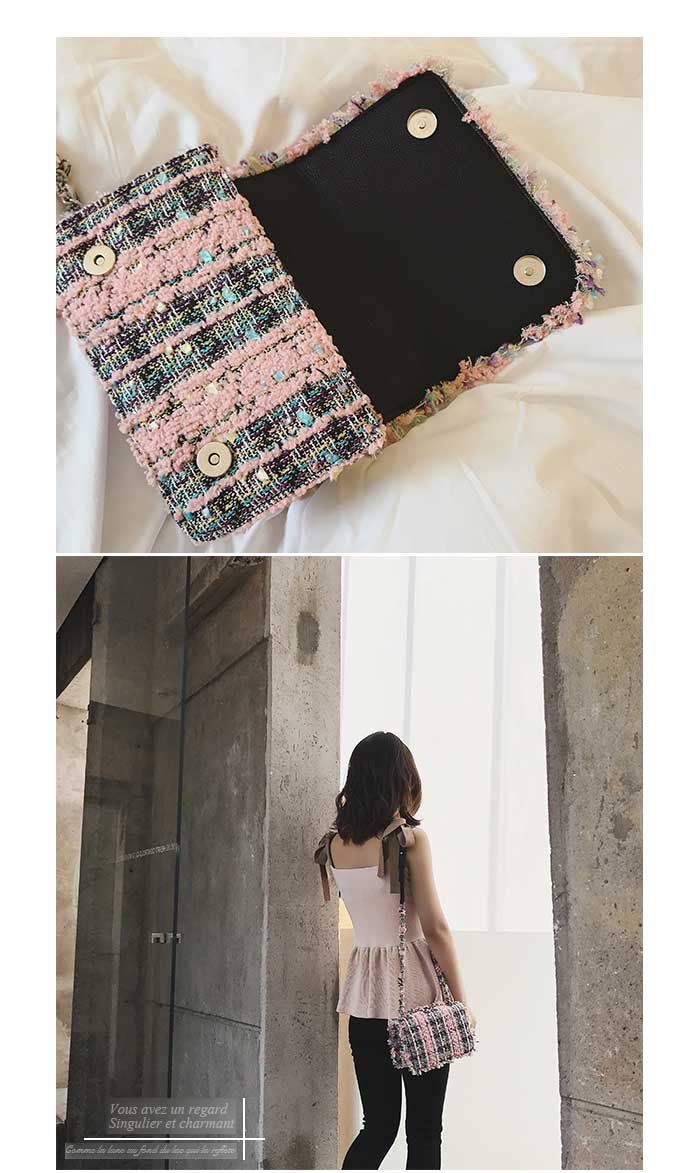New Tweed Mini Cross Bag Pink Chain Back Bag