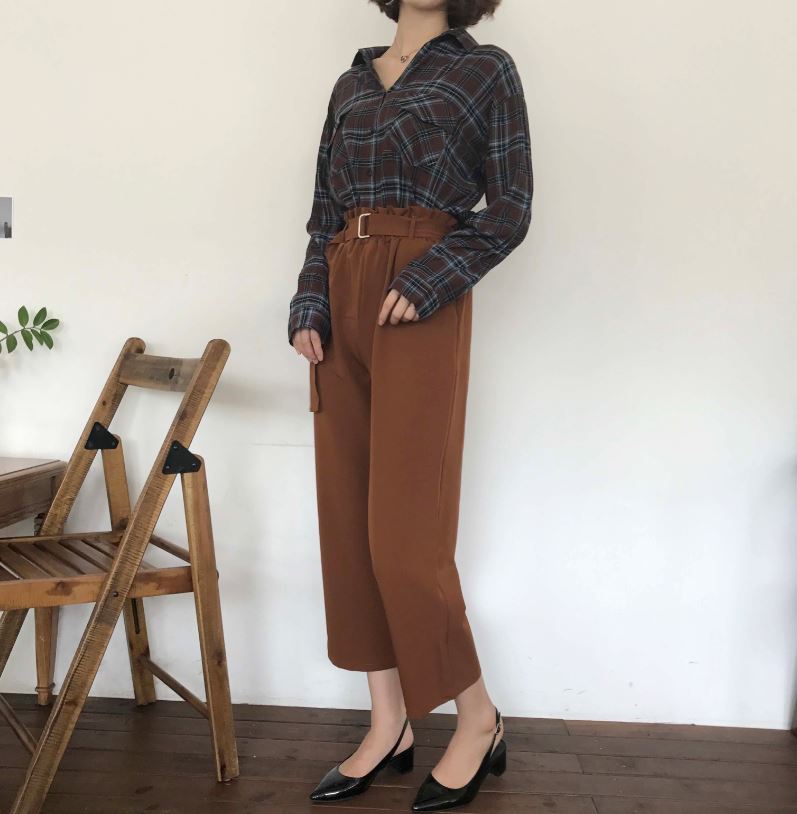 New Women's Pants High waist 9 part wide belt s