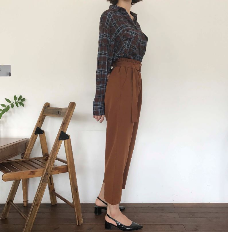 New Women's Pants High waist 9 part wide belt s