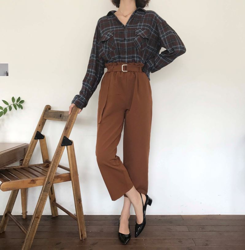 New Women's Pants High waist 9 part wide belt s