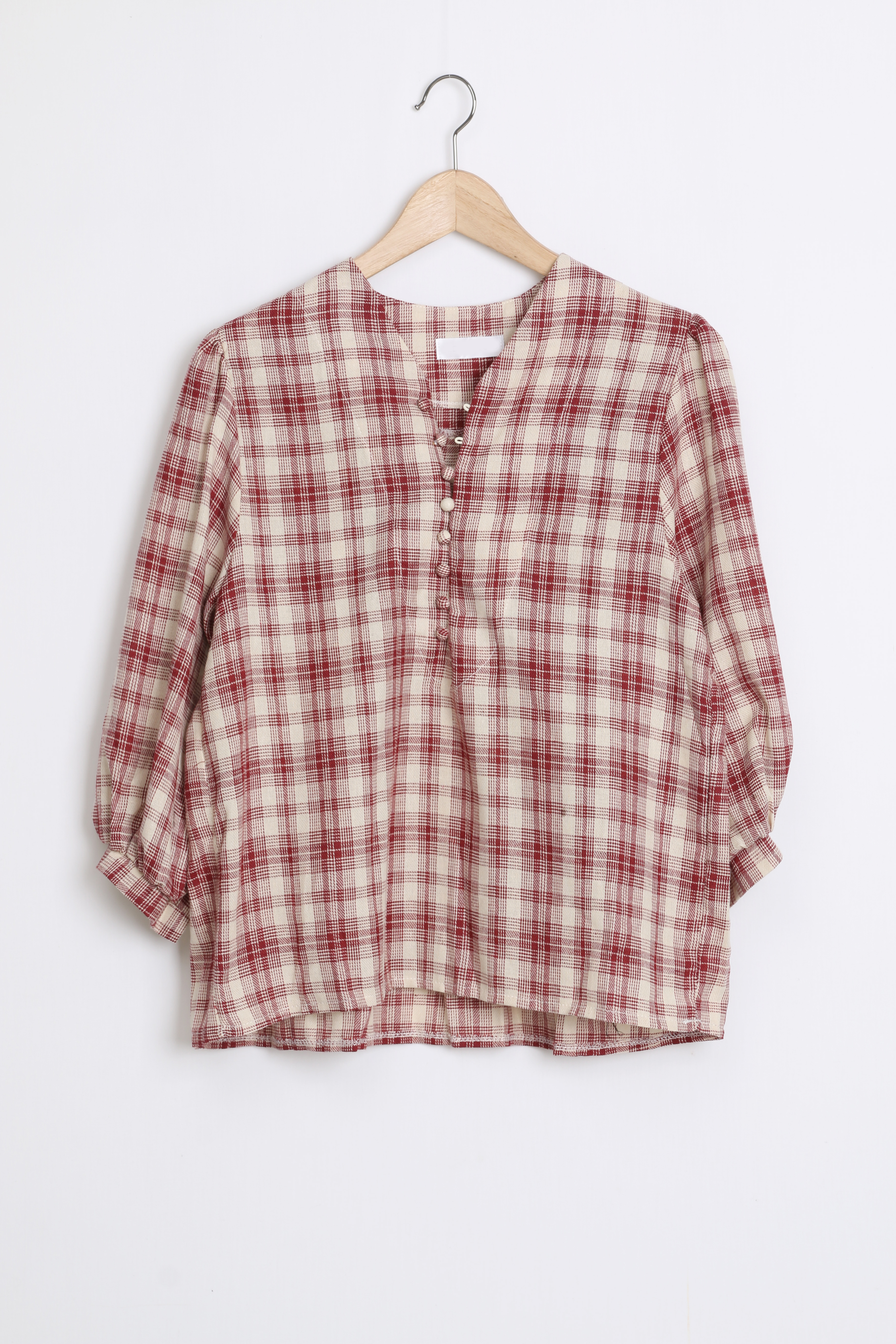 Women Blouses Autumn Check v Neck Button Blouse Re