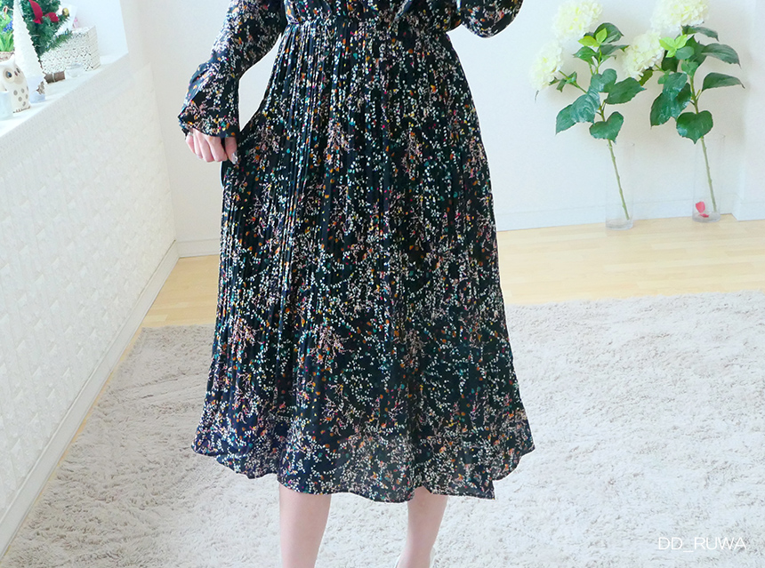 New Women Dress Autumn Flower Pleated Pleated Long