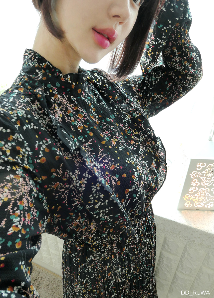 New Women Dress Autumn Flower Pleated Pleated Long