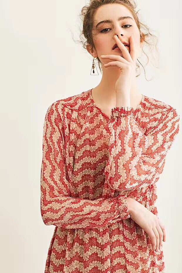 Long-sleeved casual cute style chiffon long dress 