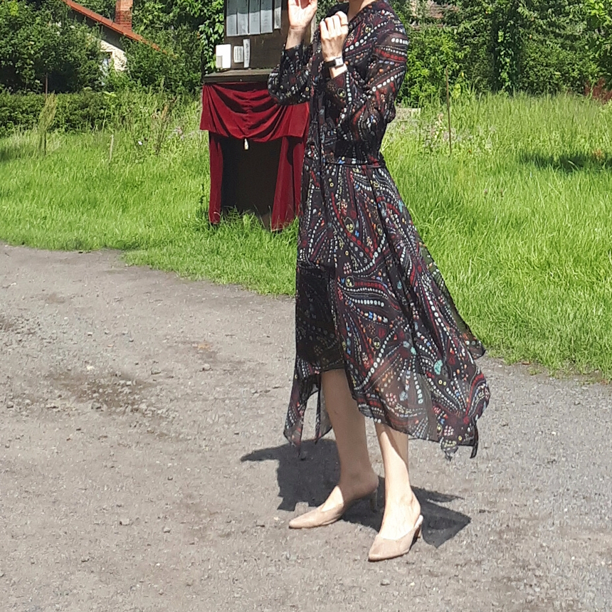 Ribbon tie pattern Unblended Long Dress Black, Lon