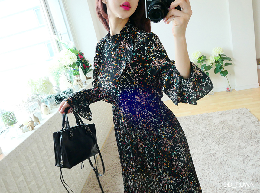 New Women Dress Autumn Flower Pleated Pleated Long