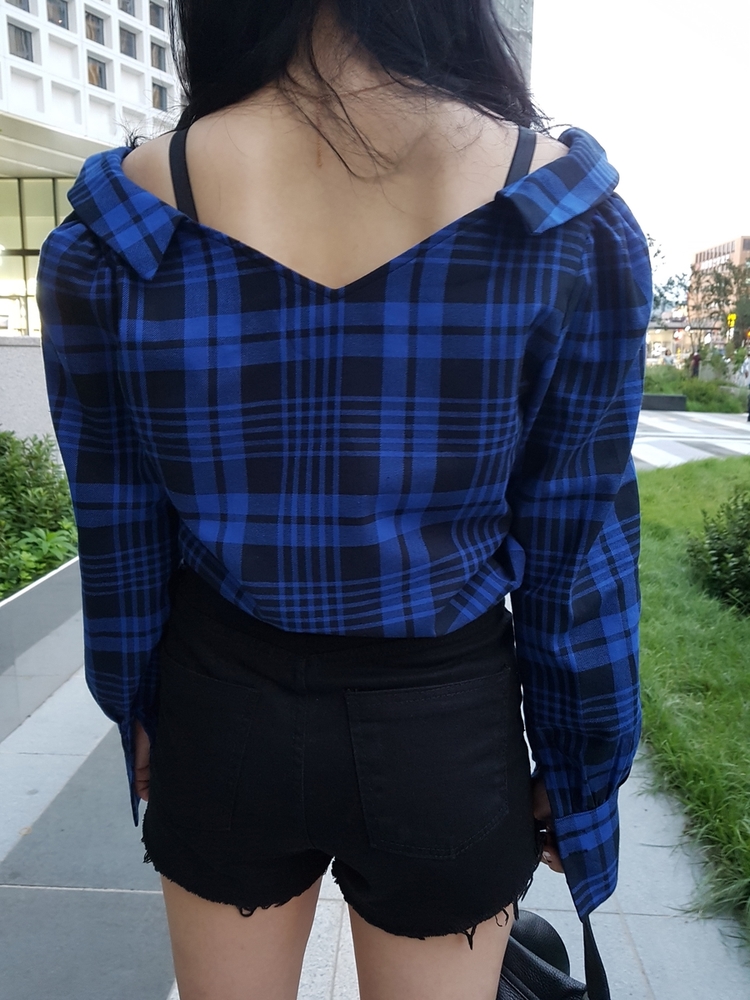 Women Blouses Check Check-Off Shoulder Shirt Blous