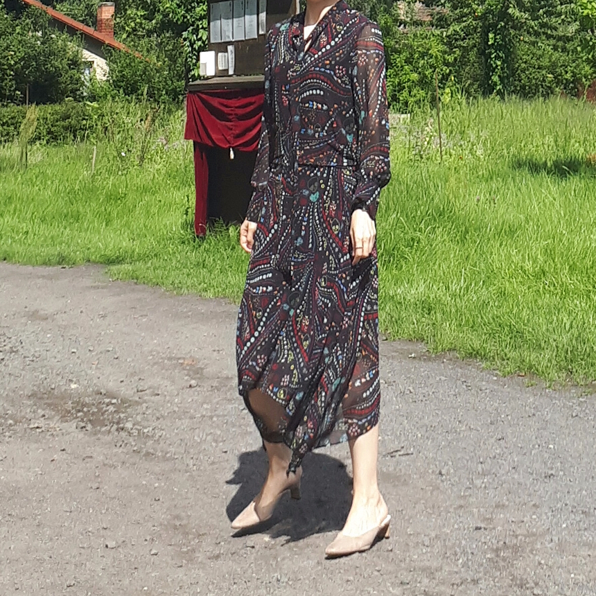 Ribbon tie pattern Unblended Long Dress Black, Lon