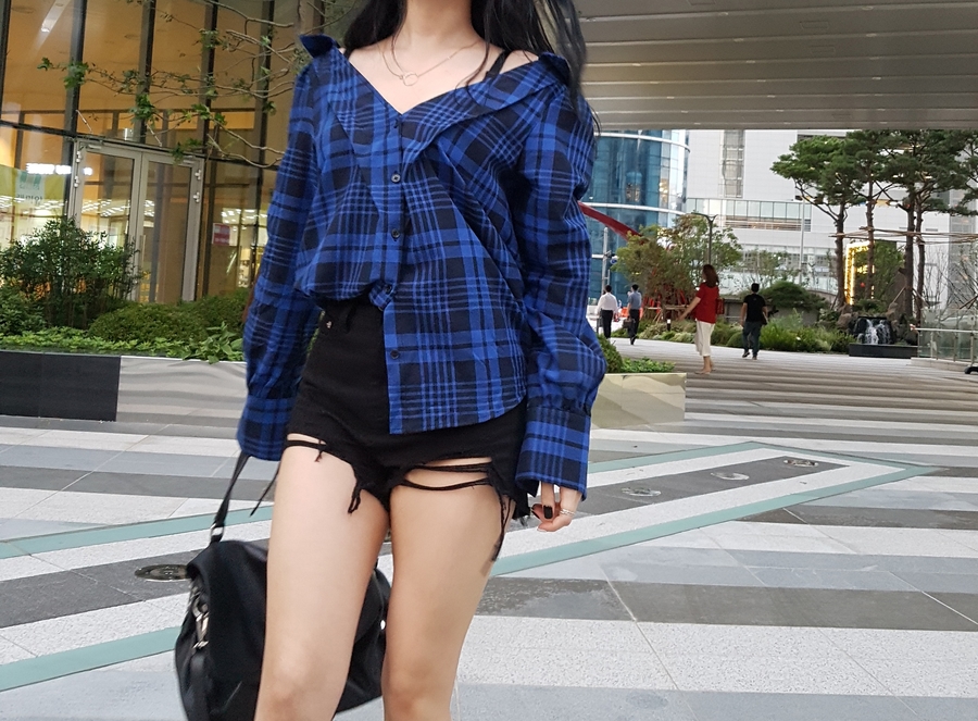 Women Blouses Check Check-Off Shoulder Shirt Blous