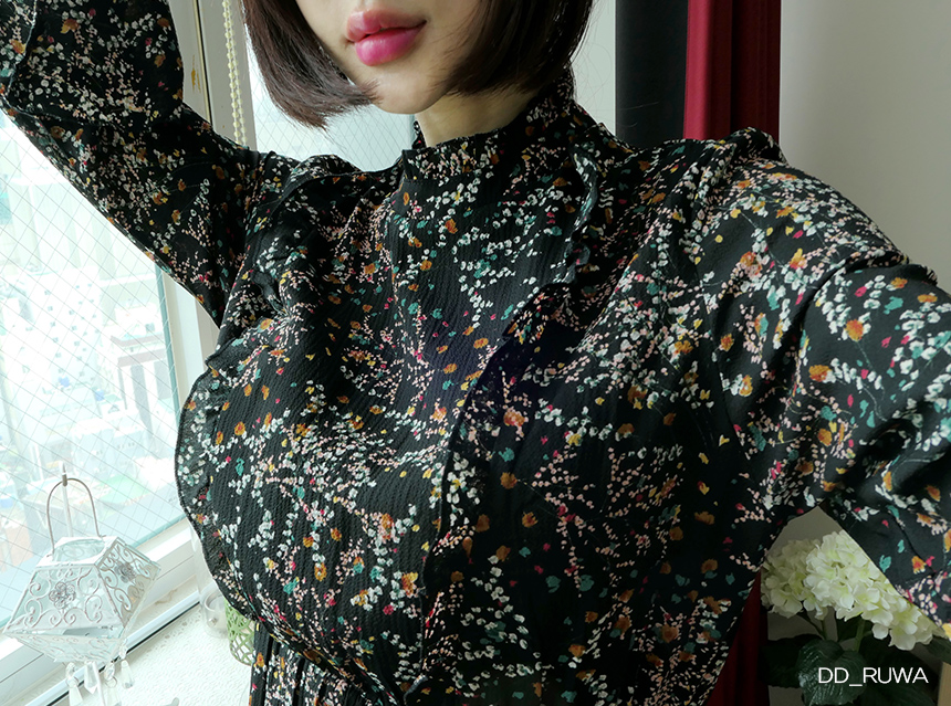 New Women Dress Autumn Flower Pleated Pleated Long