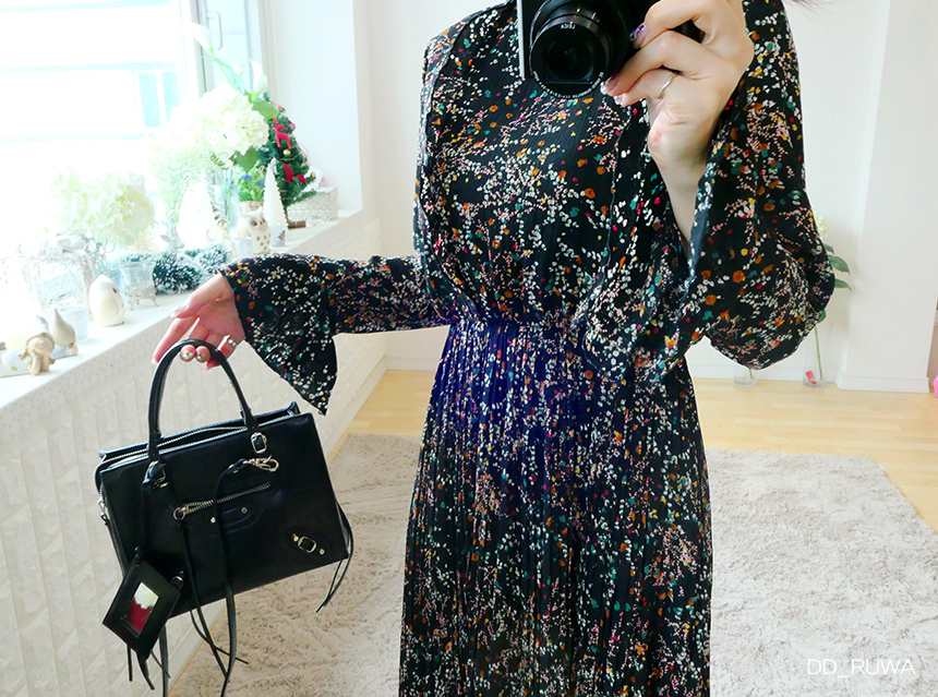 New Women Dress Autumn Flower Pleated Pleated Long