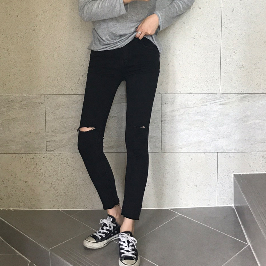 Women Jeans Pants Hem Cutting Knife Black Jean Gir