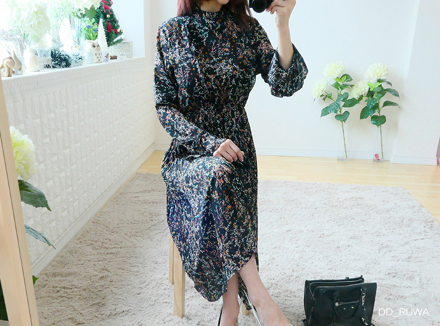 New Women Dress Autumn Flower Pleated Pleated Long