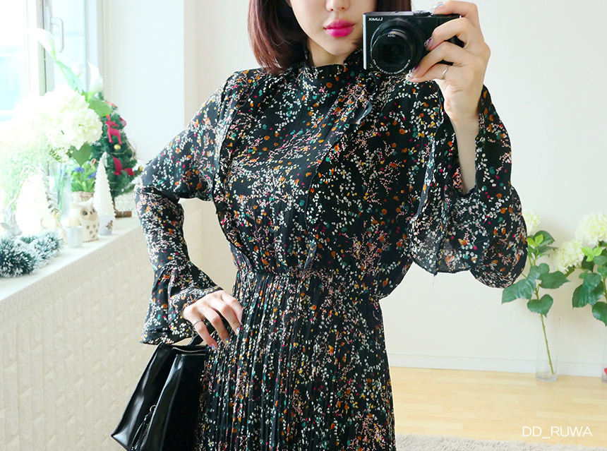 New Women Dress Autumn Flower Pleated Pleated Long