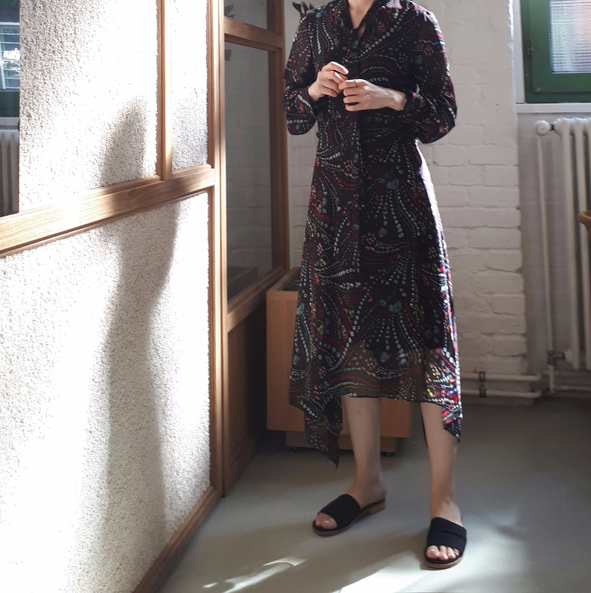 Ribbon tie pattern Unblended Long Dress Black, Lon