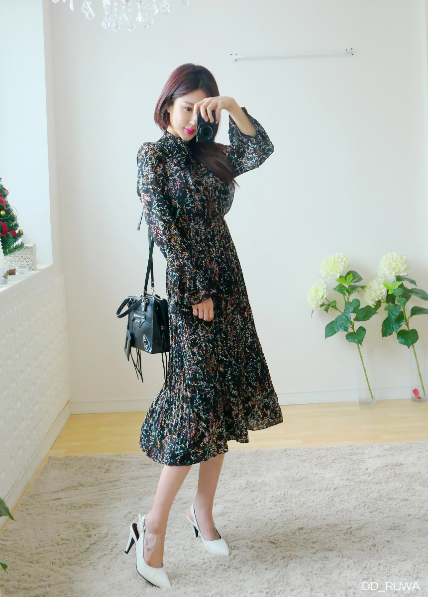 New Women Dress Autumn Flower Pleated Pleated Long