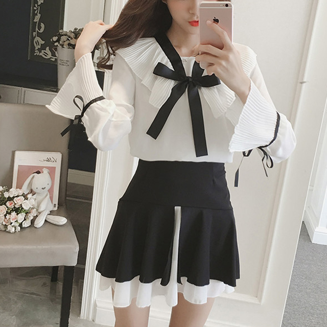 Date Look Romantic Ribbon Two Piece Set Blouse Ski