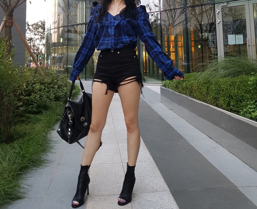 Women Blouses Check Check-Off Shoulder Shirt Blous